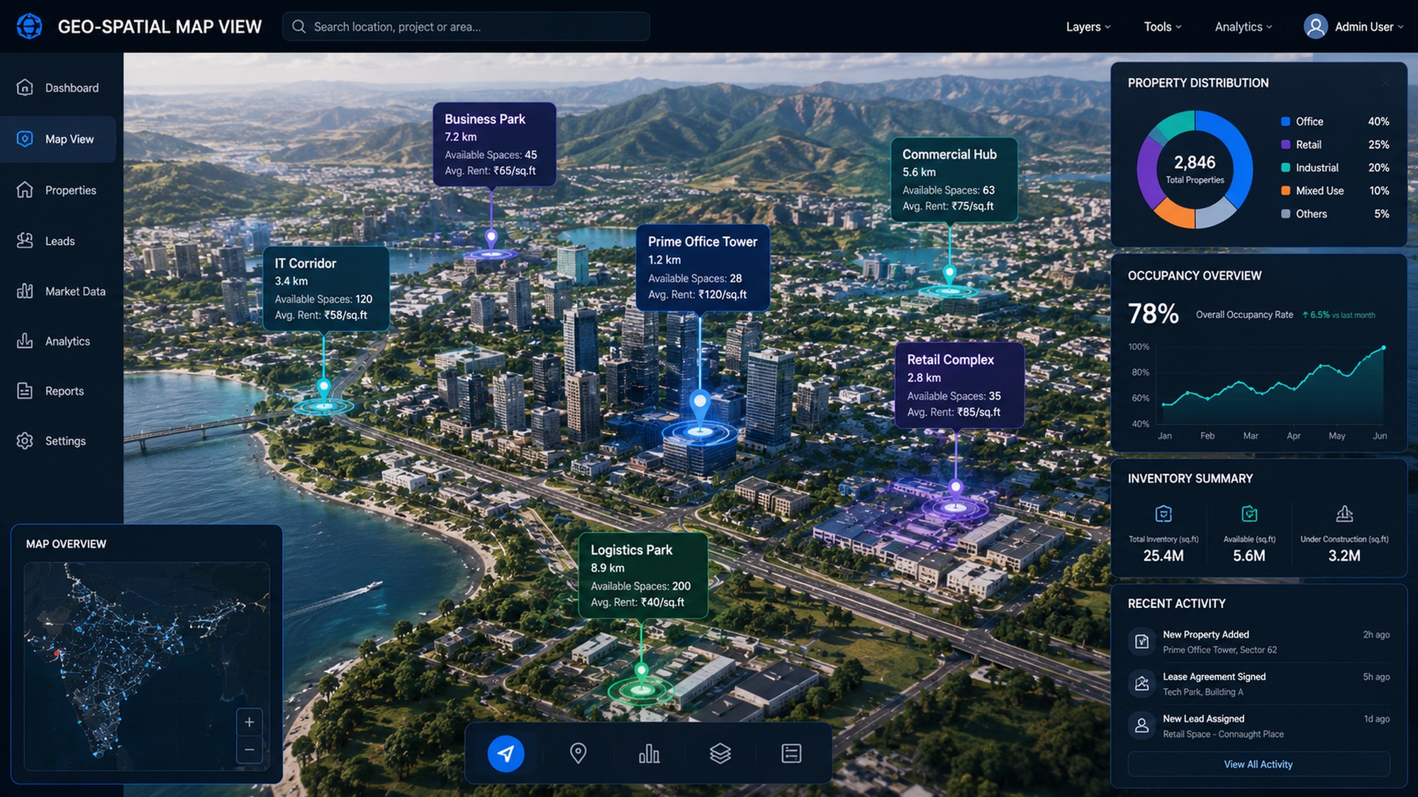 Geo-spatial map view showing live NCR asset and land-parcel data