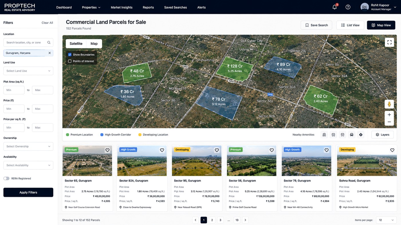 Commercial land parcels for sale, mapped with pricing and plot area